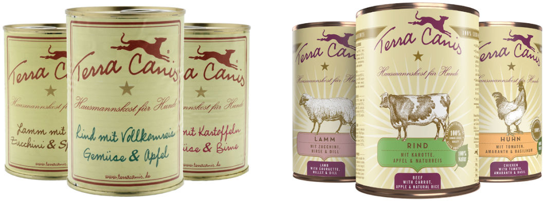 Kontinuität in der Designsprache: Das Terra Canis Packaging vor 15 Jahren und heute.